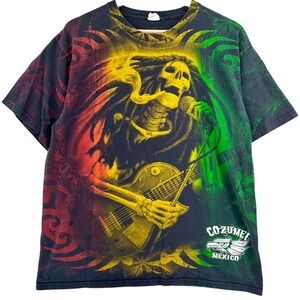 Y2K Rasta Skeleton Guitarist T-Shirt Cozumel Mexico All Over Print L Reggae AOP